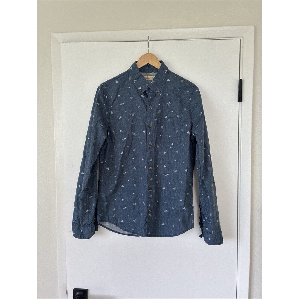 Hollister Men's Button Up Shirt Chambray Geo Print Long Sleeve Small